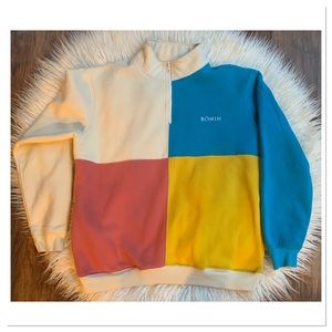 Ronin Colorblock Quarter Zip Fleece Sweatshirt Cream Blue Size Large